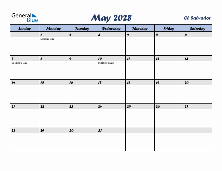 May 2028 Calendar with Holidays in El Salvador