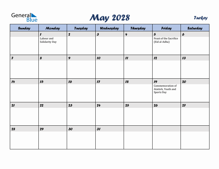 May 2028 Calendar with Holidays in Turkey