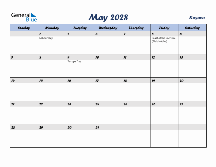 May 2028 Calendar with Holidays in Kosovo