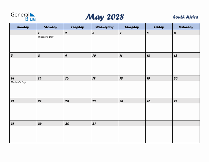 May 2028 Calendar with Holidays in South Africa