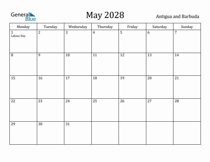 May 2028 Calendar Antigua and Barbuda