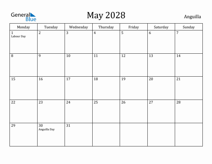 May 2028 Calendar Anguilla