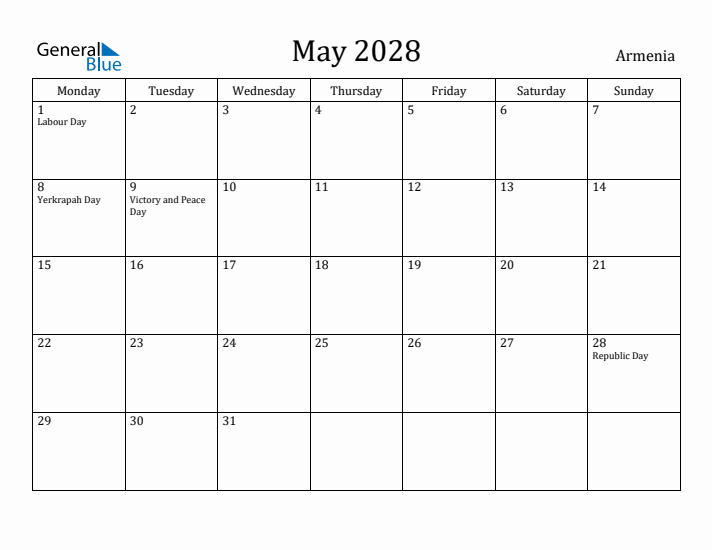 May 2028 Calendar Armenia