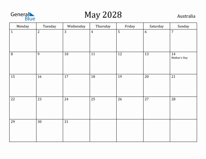 May 2028 Calendar Australia