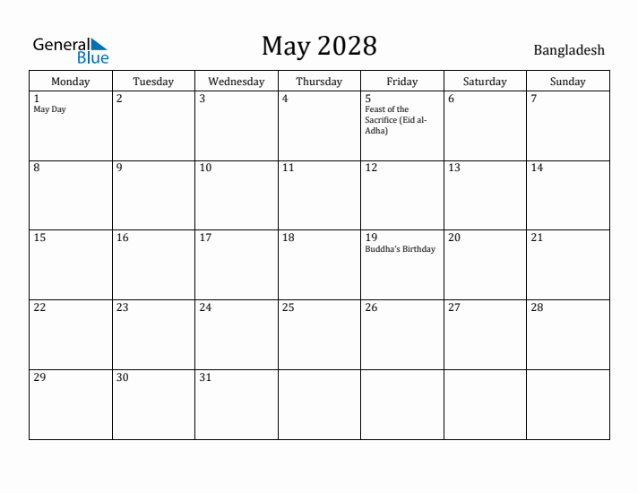 May 2028 Calendar Bangladesh