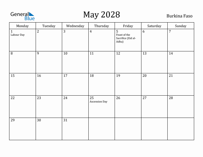 May 2028 Calendar Burkina Faso