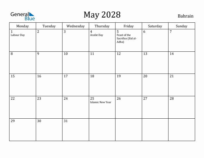 May 2028 Calendar Bahrain