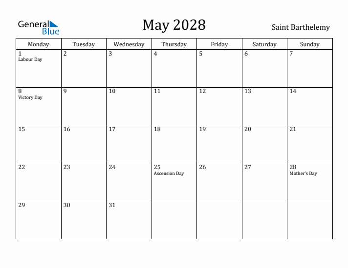 May 2028 Calendar Saint Barthelemy