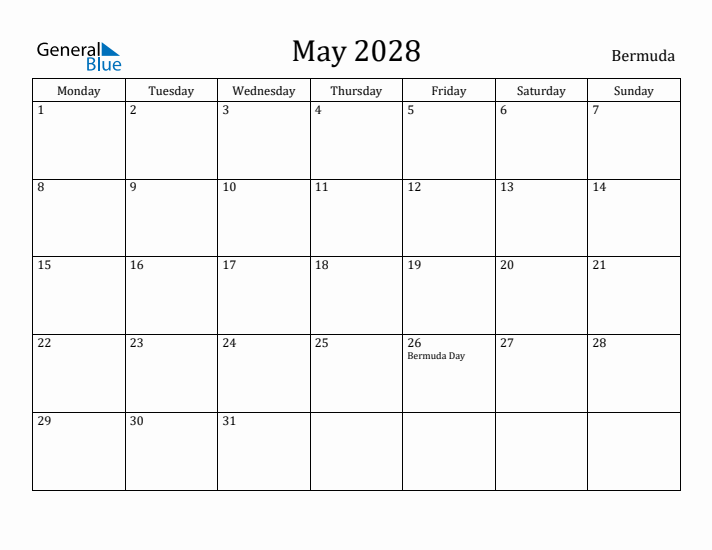 May 2028 Calendar Bermuda