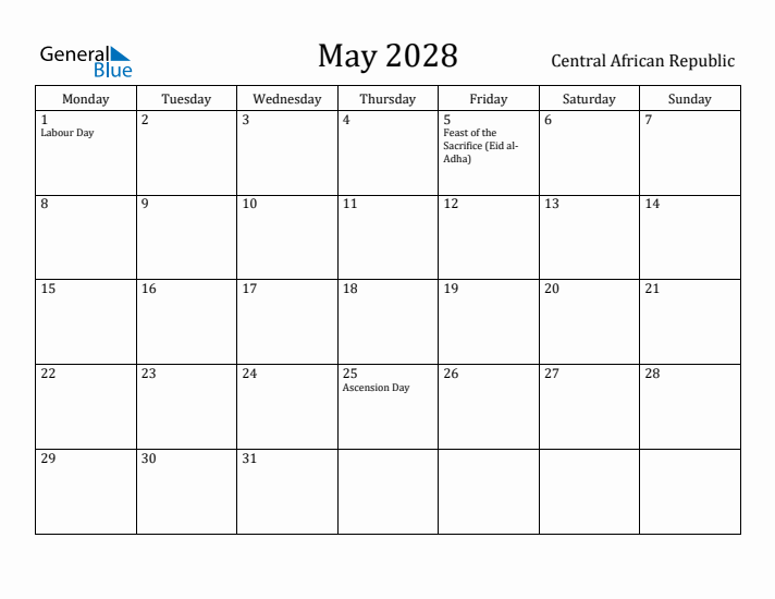 May 2028 Calendar Central African Republic