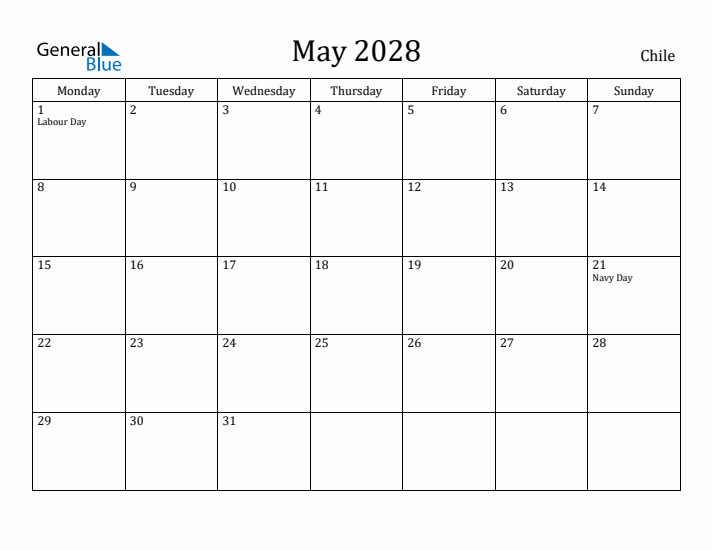 May 2028 Calendar Chile