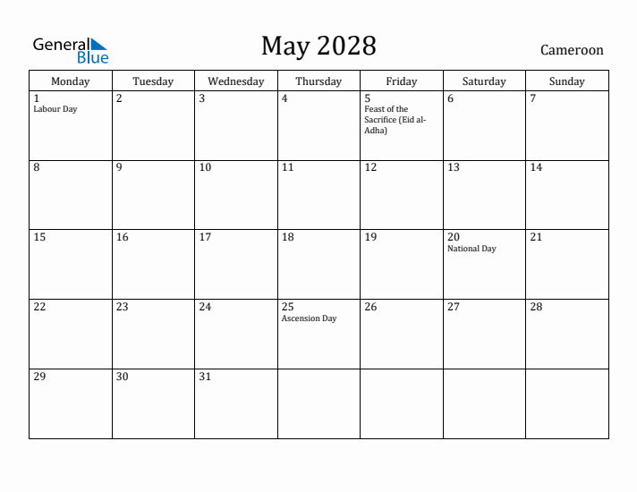 May 2028 Calendar Cameroon