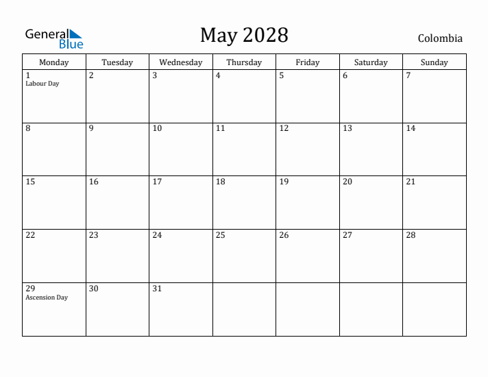 May 2028 Calendar Colombia