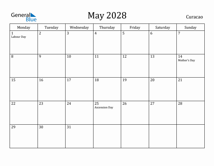 May 2028 Calendar Curacao