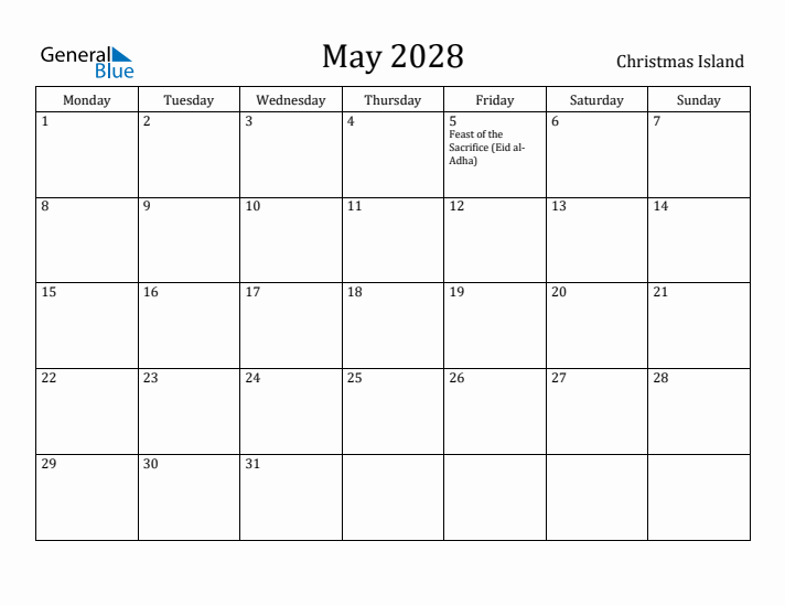 May 2028 Calendar Christmas Island