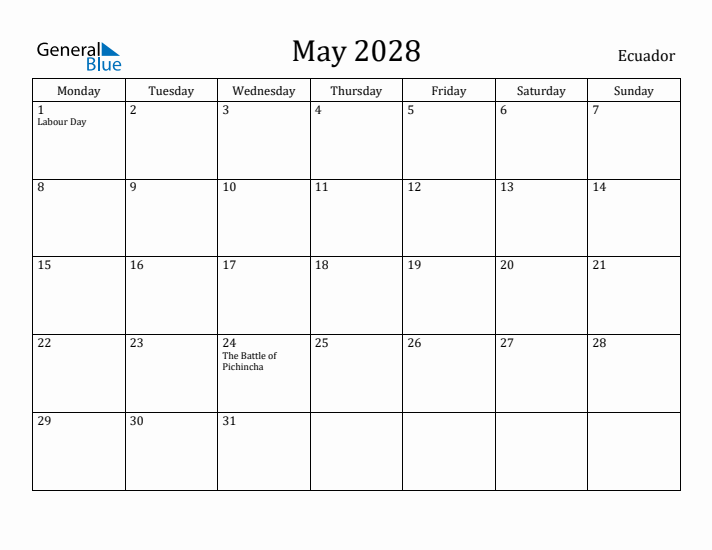 May 2028 Calendar Ecuador