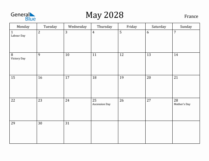 May 2028 Calendar France