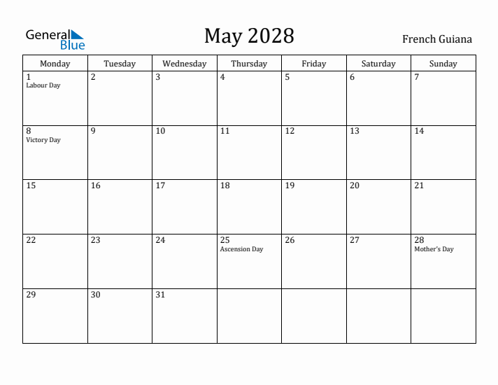 May 2028 Calendar French Guiana