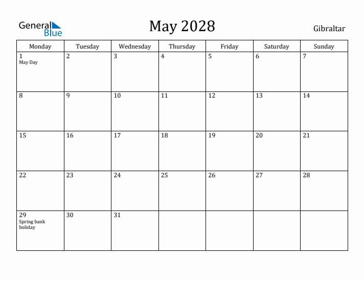 May 2028 Calendar Gibraltar