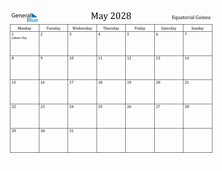 May 2028 Calendar Equatorial Guinea