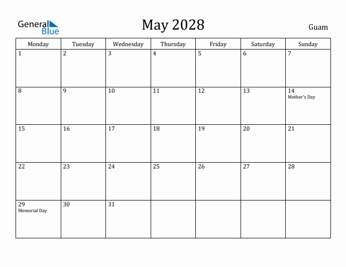 May 2028 Calendar Guam