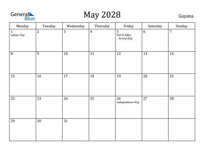 May 2028 Calendar Guyana