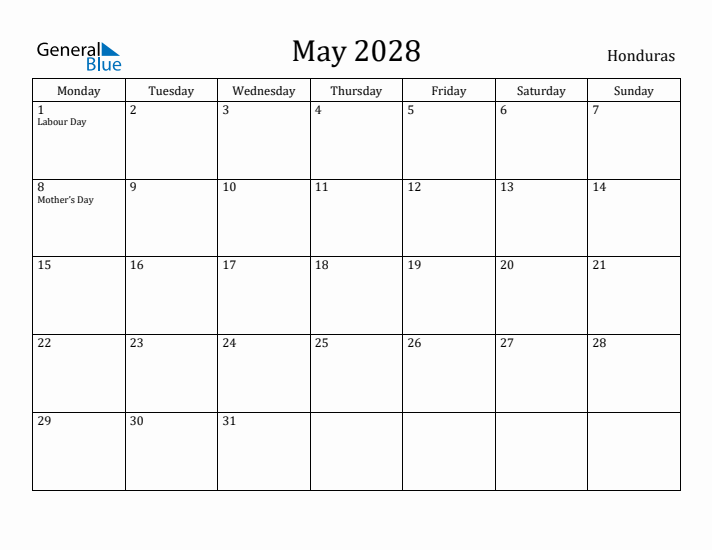 May 2028 Calendar Honduras