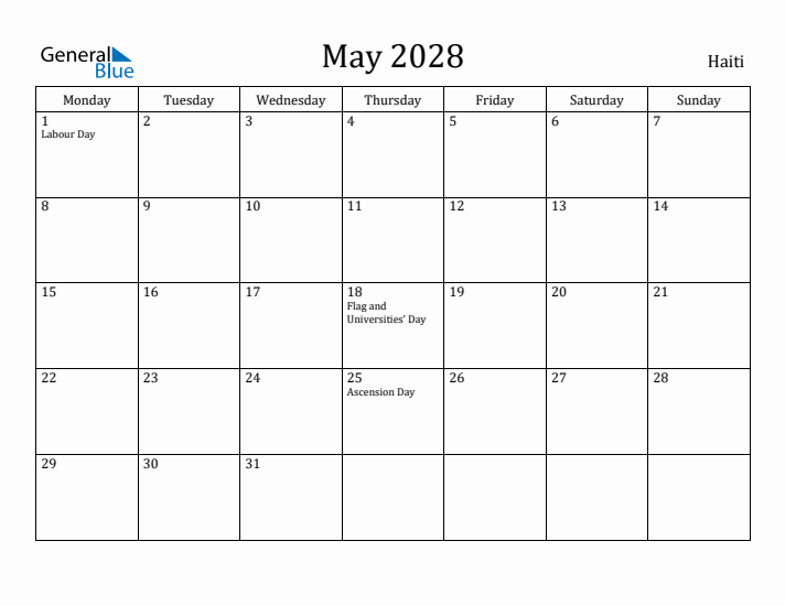 May 2028 Calendar Haiti