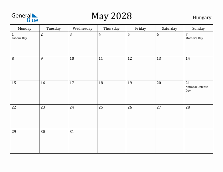 May 2028 Calendar Hungary