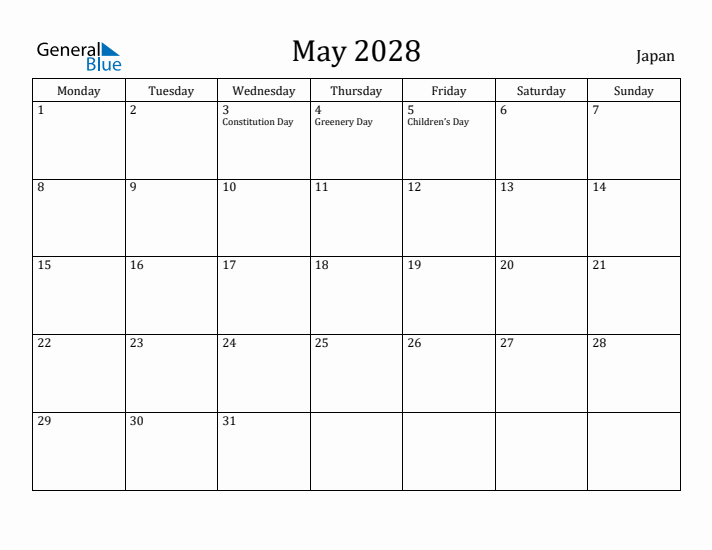 May 2028 Calendar Japan