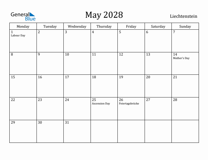 May 2028 Calendar Liechtenstein