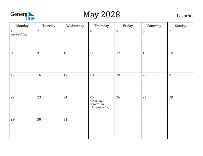 May 2028 Calendar Lesotho