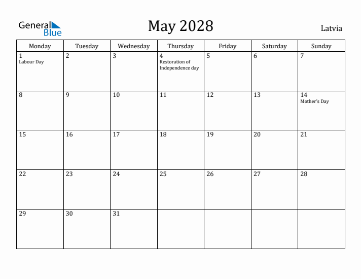 May 2028 Calendar Latvia