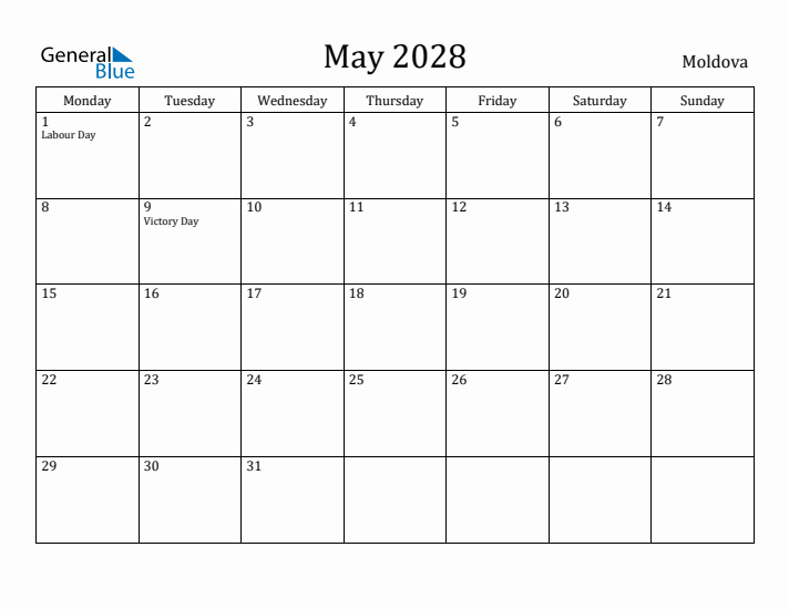 May 2028 Calendar Moldova