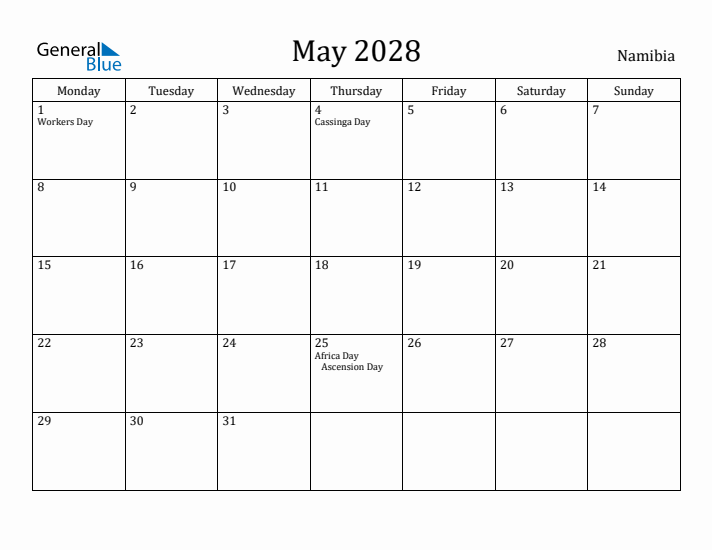 May 2028 Calendar Namibia