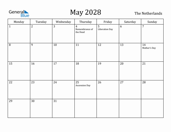 May 2028 Calendar The Netherlands