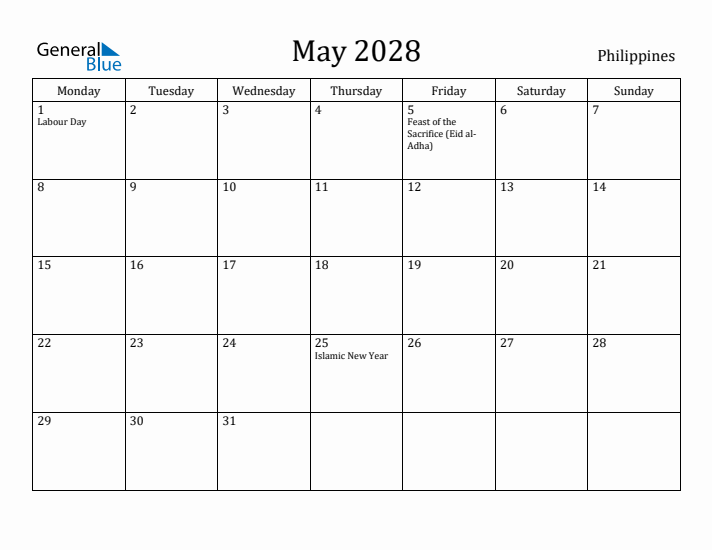 May 2028 Calendar Philippines