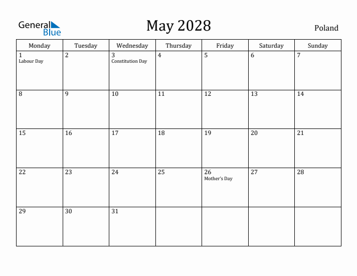 May 2028 Calendar Poland