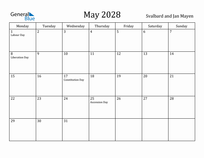 May 2028 Calendar Svalbard and Jan Mayen