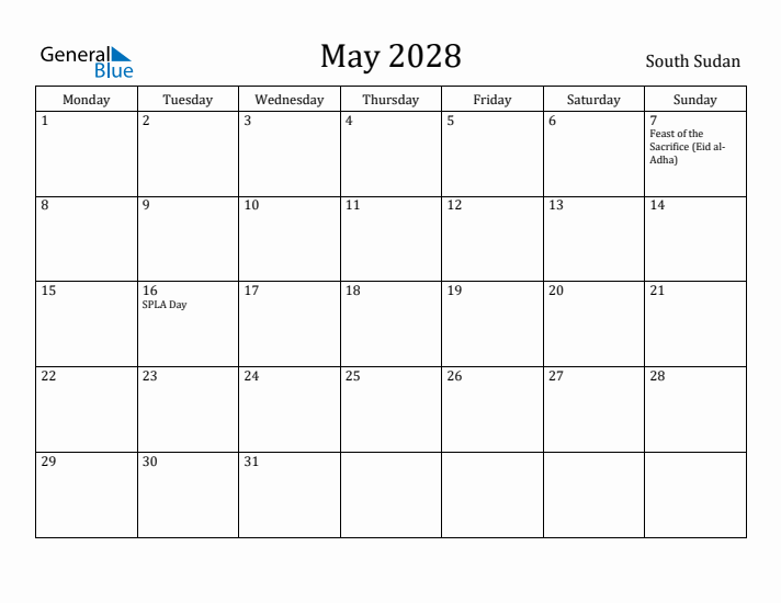 May 2028 Calendar South Sudan