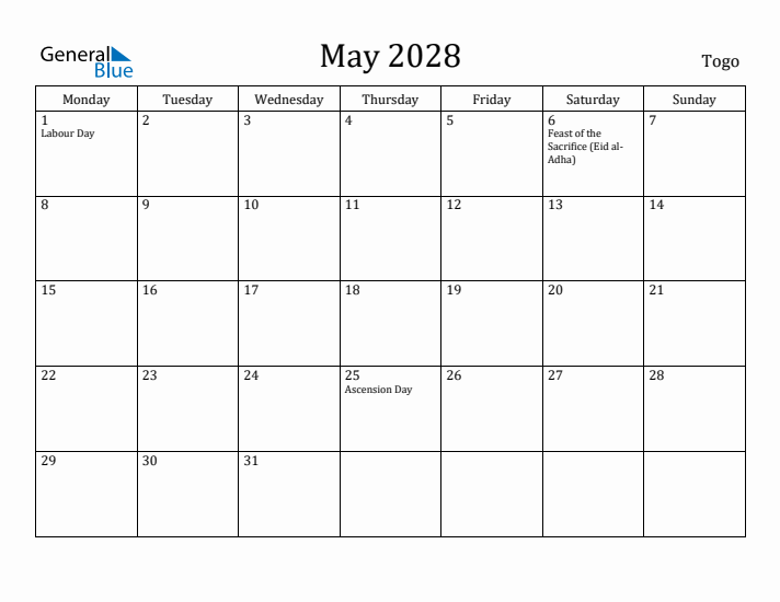 May 2028 Calendar Togo