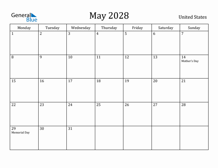 May 2028 Calendar United States