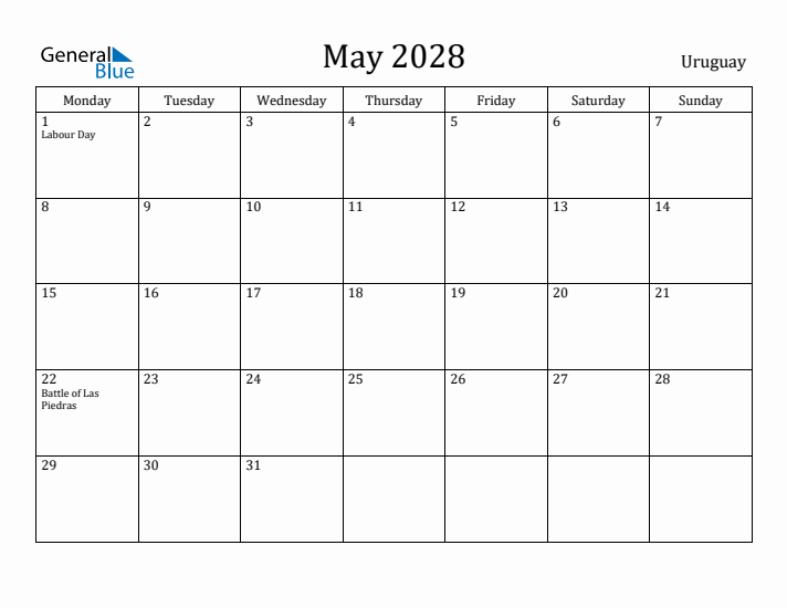 May 2028 Calendar Uruguay