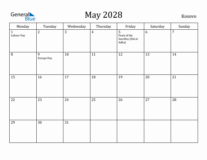 May 2028 Calendar Kosovo