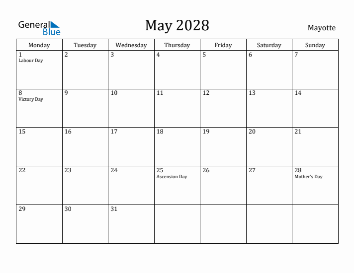 May 2028 Calendar Mayotte