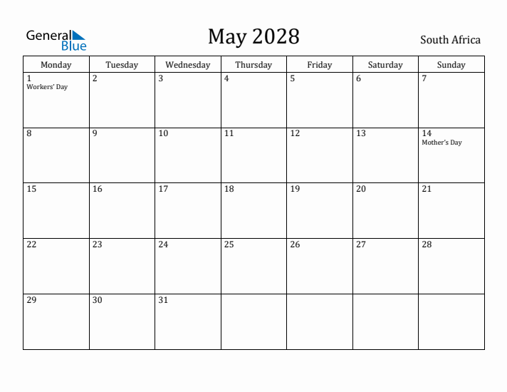 May 2028 Calendar South Africa