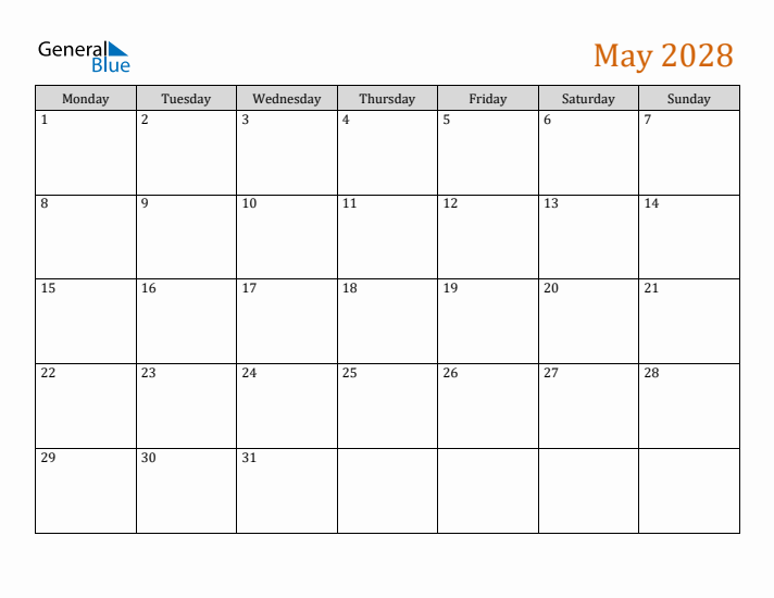 Editable May 2028 Calendar