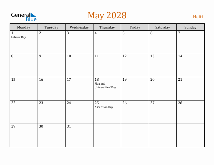 May 2028 Holiday Calendar with Monday Start