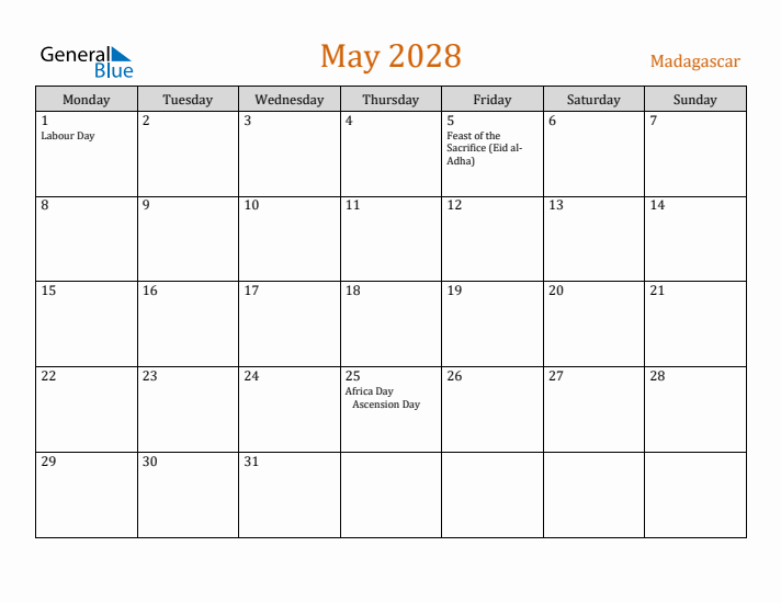 May 2028 Holiday Calendar with Monday Start