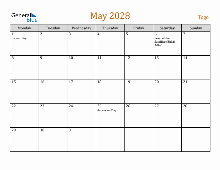 May 2028 Holiday Calendar with Monday Start